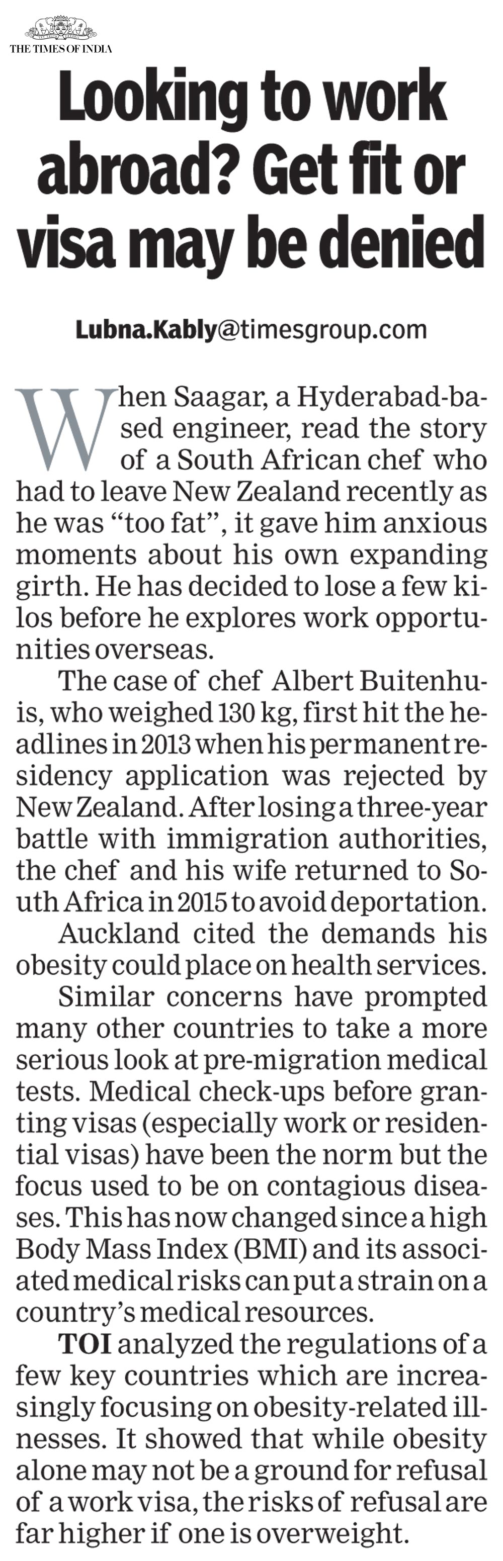 Get Fit or visa may be Denied