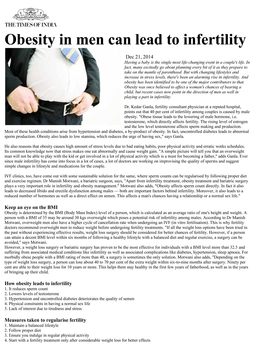 Obesity leads to infertility